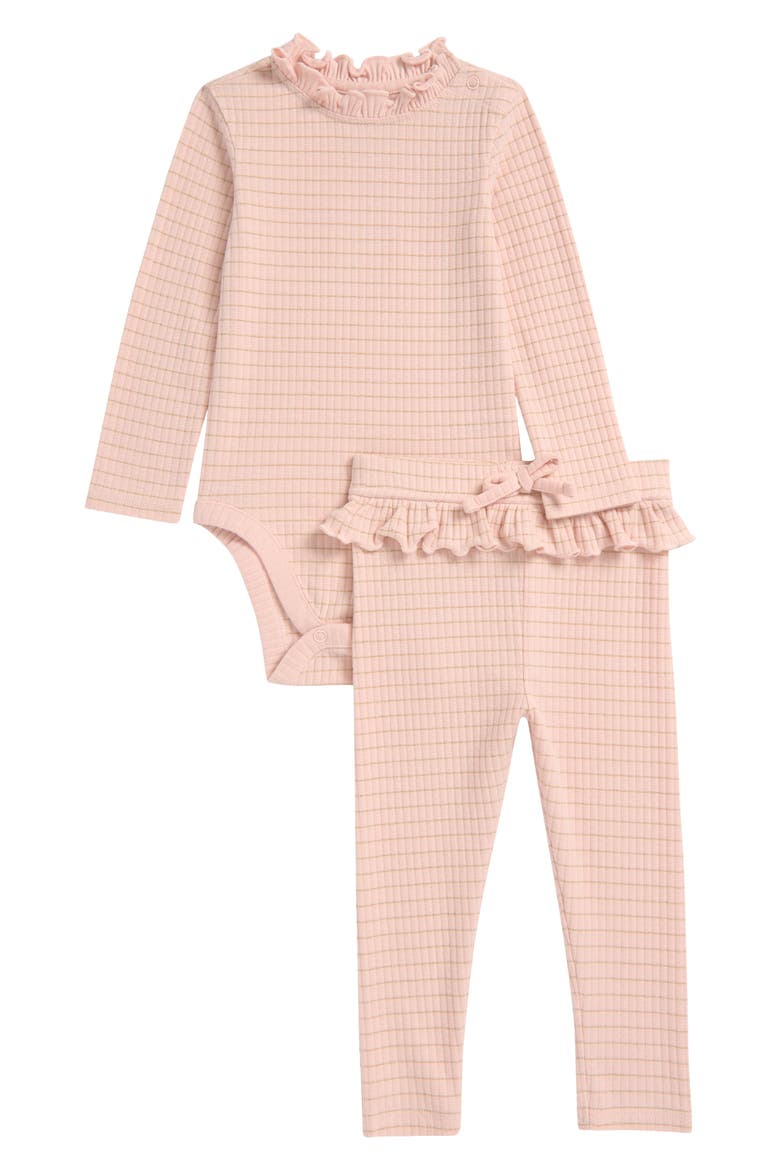 Long Sleeve Ruffle Bodysuit & Leggings Set, Main, color, PINK LOTUS- GOLD EMMY STRIPE