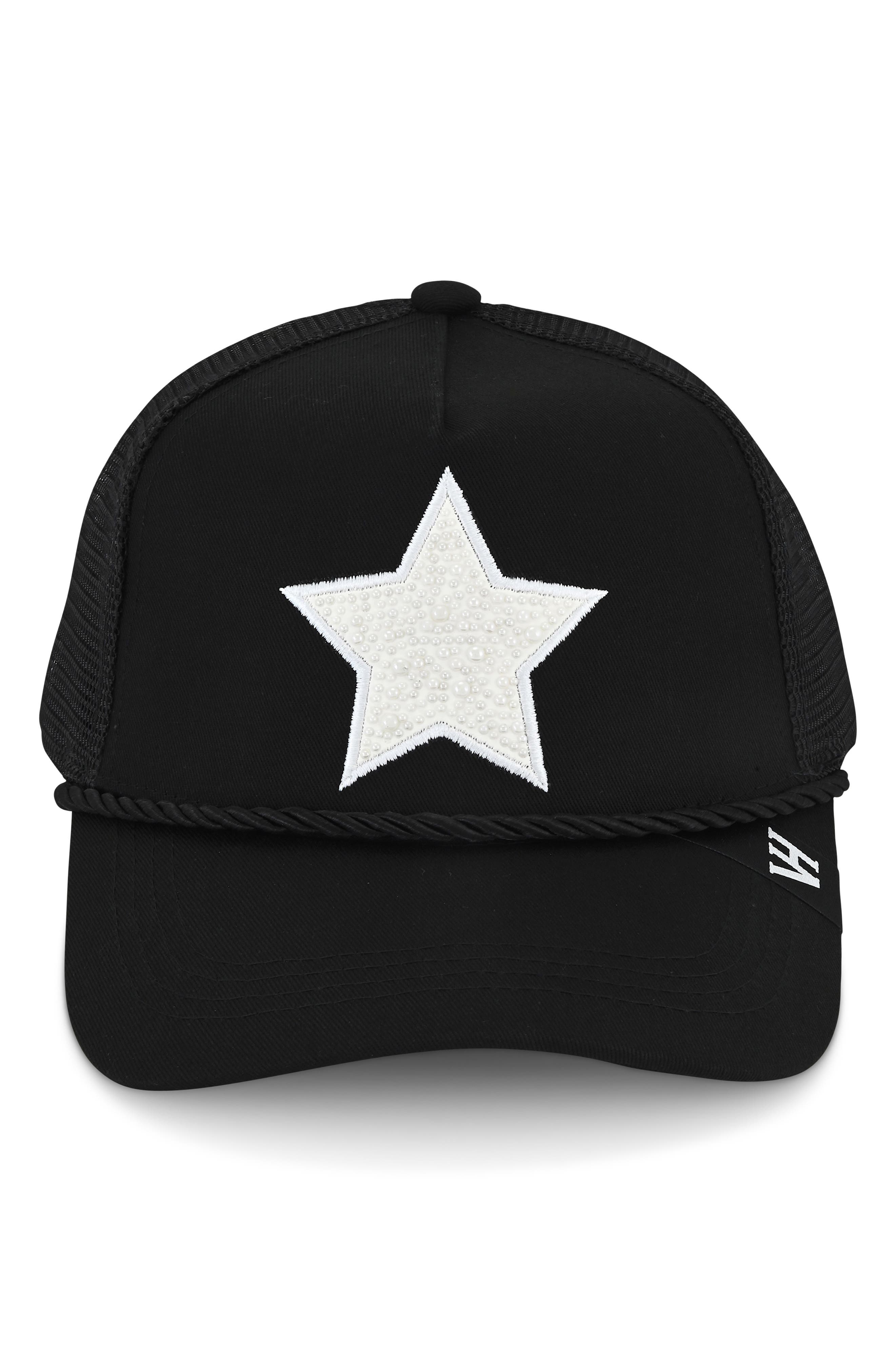 Faux Pearl Embroidered Star Mesh Panel Trucker Hat