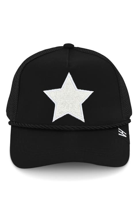 Faux Pearl Embroidered Star Mesh Panel Trucker Hat