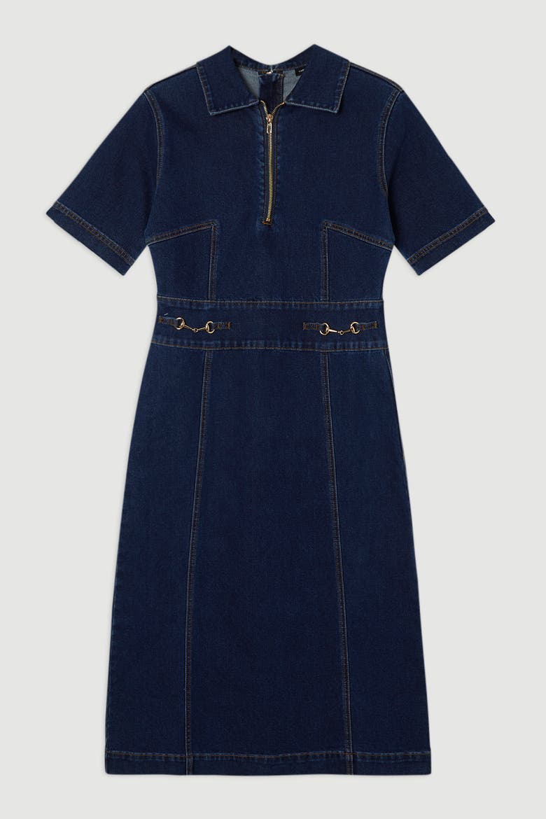 Trim Collared Denim Midi Dress, Alternate, color, Mid Wash