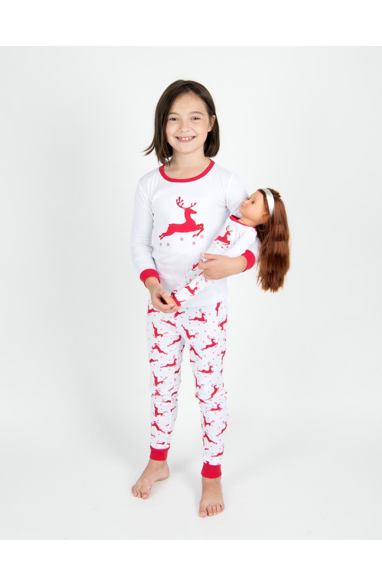 Leveret Girls 2-pc. Cotton Pajamas with Matching Doll Accessory -  Holiday Prints/Solids, Alternate, color, Reindeer White