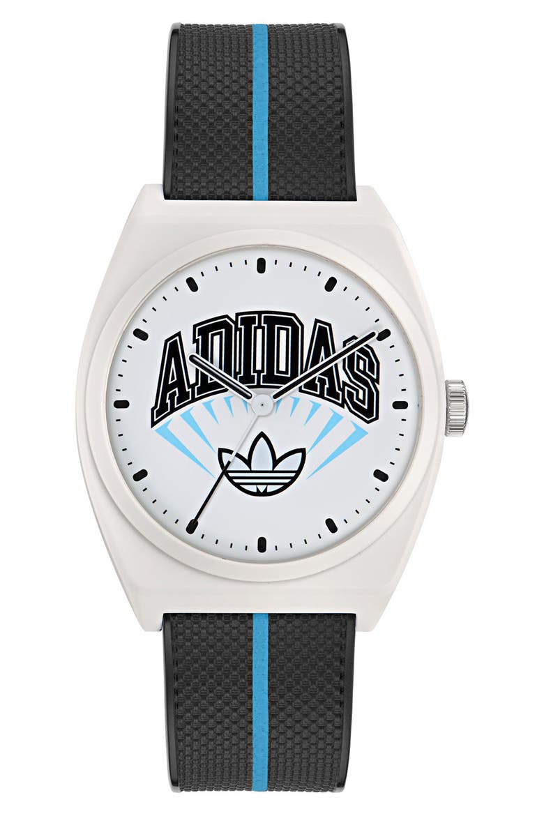 AO Street Project 2 White Logo Graphic Resin Strap Watch, 38mm, Main, color, BLACK
