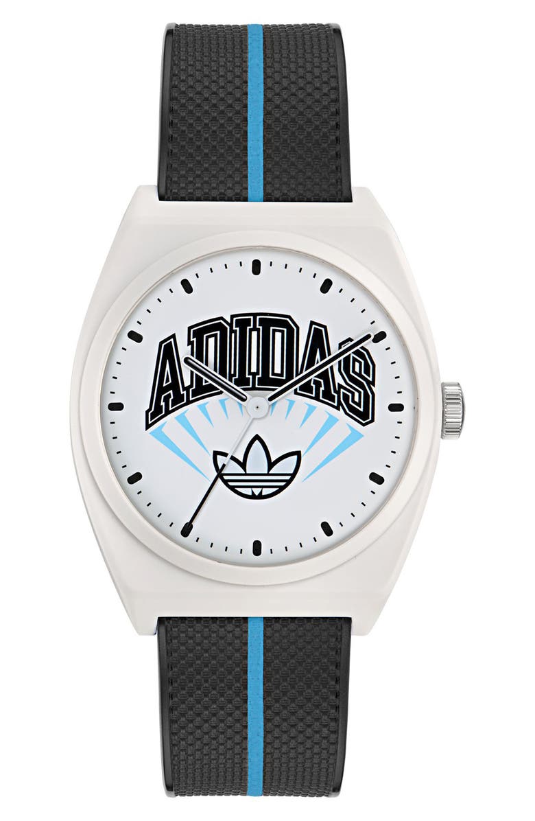 adidas AO Street Project 2 White Logo Graphic Resin Strap Watch, 38mm, Main, color, Black