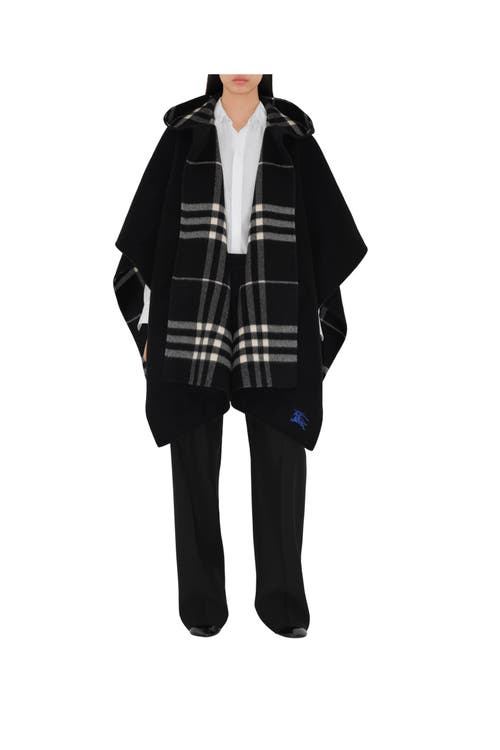Shop Burberry Reversible Check Cashmere Cape In Black/calico