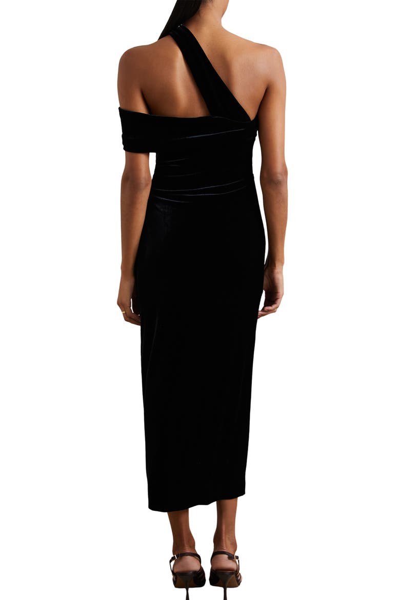 Dalia One Shoulder Velvet Midi Dress, Alternate, color, BLACK