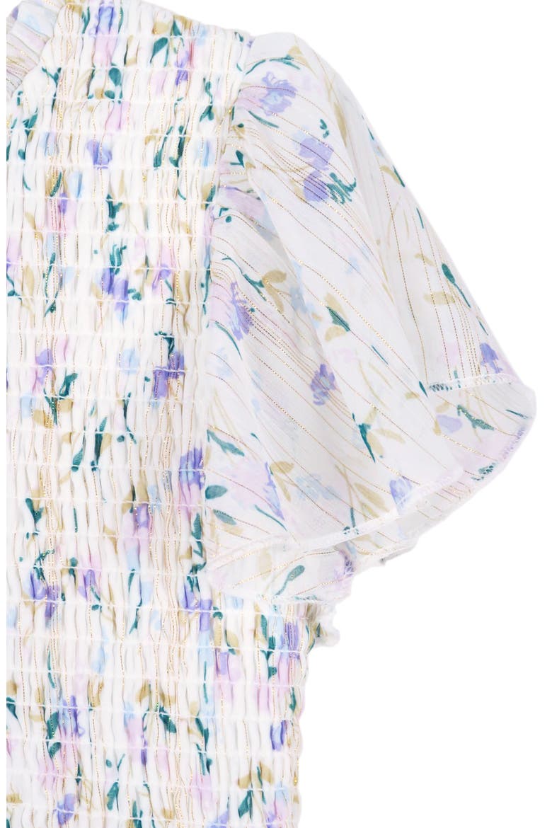 Kids' Metallic Floral Flutter Sleeve Smocked Bodice Party Dress, Alternate, color, IVORY/ LILAC