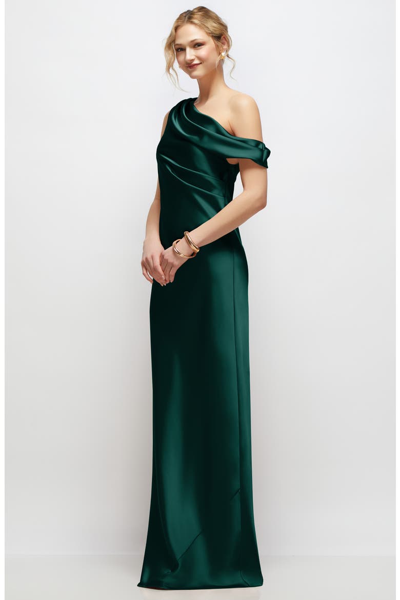 one shoulder satin drape dress Blush Coast Satin One Shoulder Bridesmaid Dress with Chiffon Drape