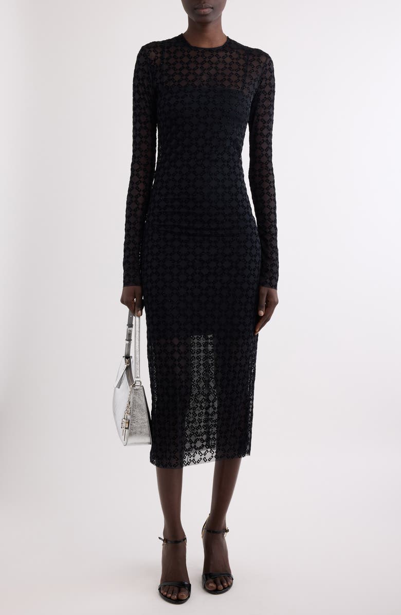 Givenchy Monogram 72 Glitter Flocked Long Sleeve Mesh Dress, Alternate, color, Black/ Silvery