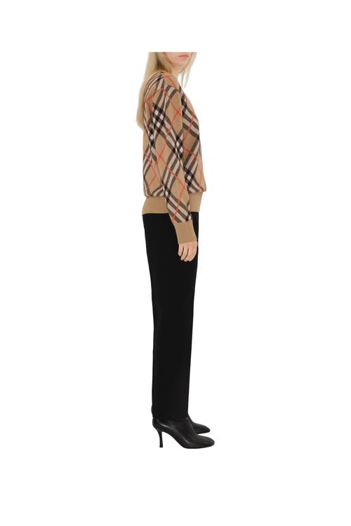 Burberry Plaid Crewneck Sweater With Ribbed Trims In Brown
