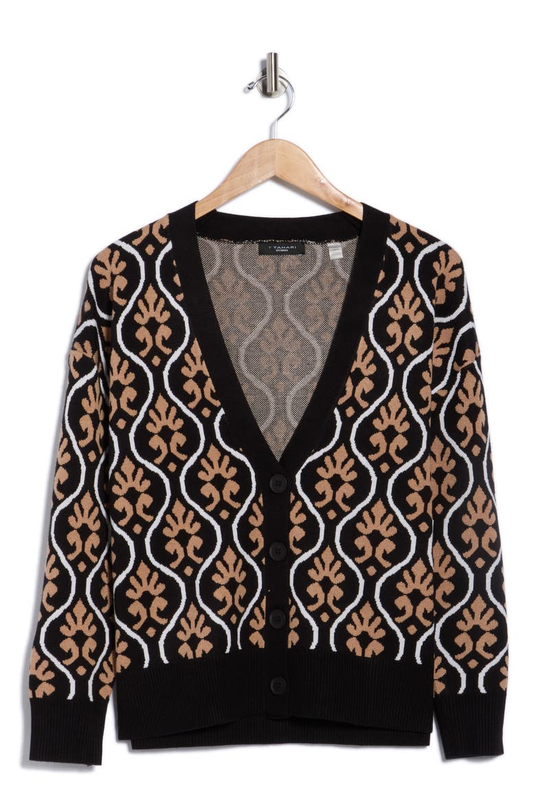 V-Neck Double Knit Cardigan, Alternate, color, BLACK/ CAMEL/ WHITE