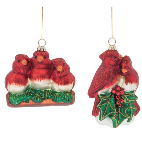Glass Cardinal Family Christmas Ornament Set of Two