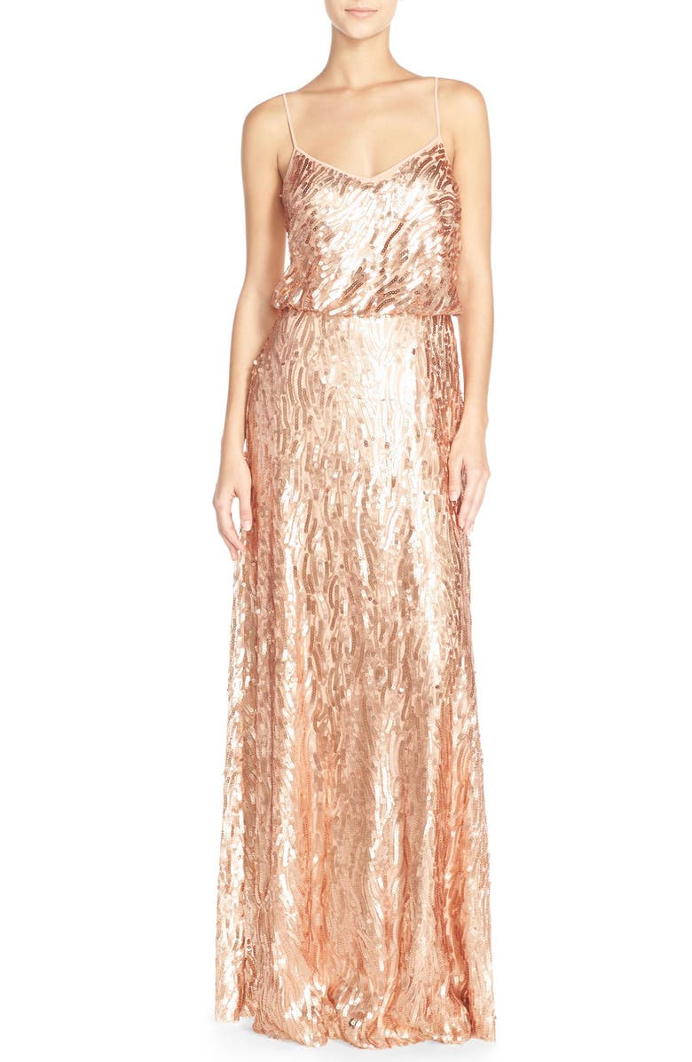 Donna Morgan 'Courtney' Spaghetti Strap Sequin Blouson Gown, Main, color, 