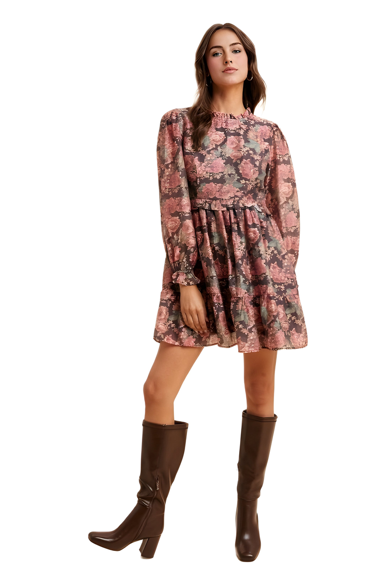 Knit and Lounge Romantic Floral Ruffle Mini Dress with Sheer Long Sleeves, Alternate, color,