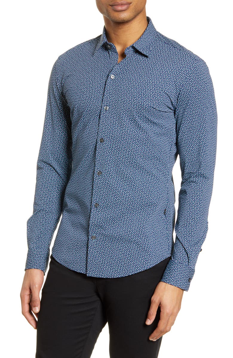 BOSS Robbie Slim Fit Micro Geo Print Button-Up Performance Shirt, Main, color,