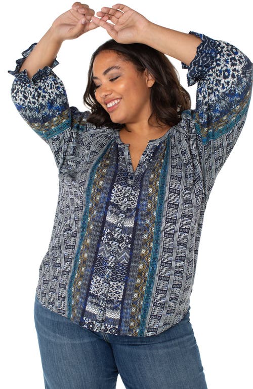 Liverpool Los Angeles Plus Size Printed V-neck Button-front 3/4-sleeve Blouse In Blue