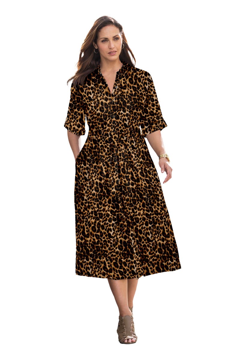 Jessica London Soft Denim Shirtdress, Main, color, Brown Painterly Cheetah