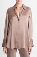 Vince Relaxed Lace Trim Placket Silk Satin Button-Up Shirt
