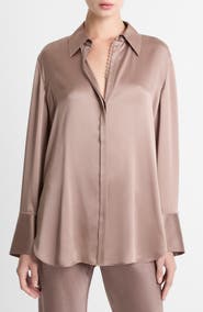 Vince Relaxed Lace Trim Placket Silk Satin Button-Up Shirt