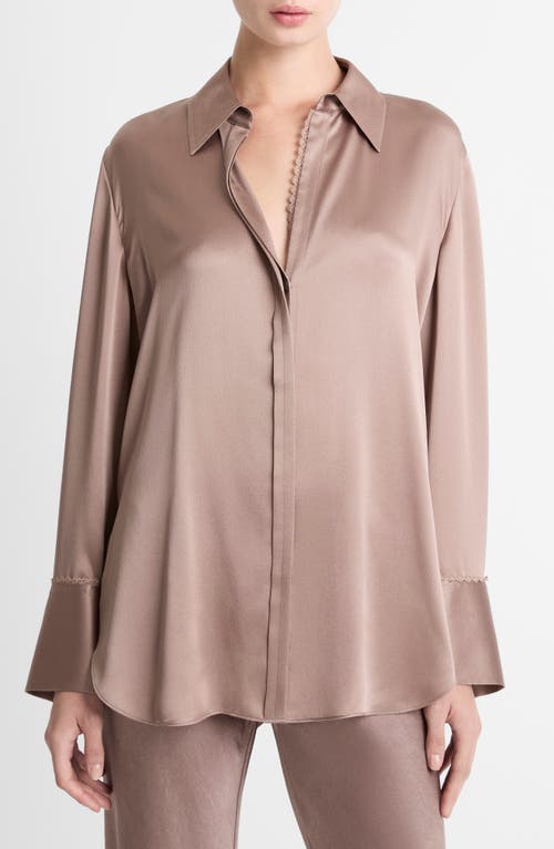 Vince Relaxed Lace Trim Placket Silk Satin Button-up Shirt In Neutral