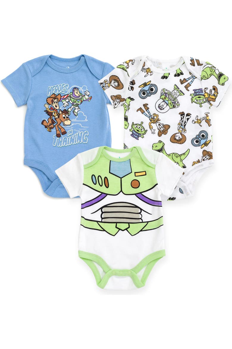 Pixar 3-Pack Short Sleeve Bodysuits, Main, color, Blue White Toy Story