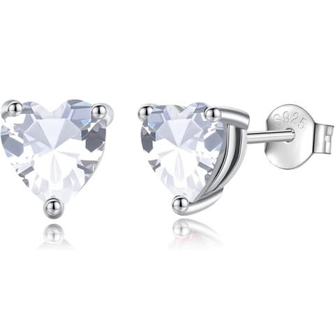 Solid Sterling Silver Created Gemstone Heart Stud Earrings