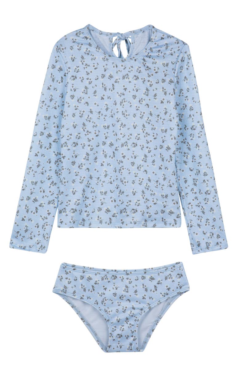 Gottex Kids Ditsy Dream Textured Long Sleeve Rash Guard Set, Main, color, Light Blue