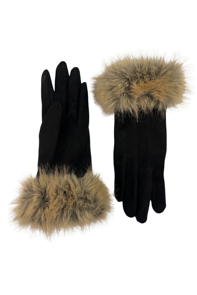Faux Suede Gloves with Faux Fur Cuffs, Main, color, BLACK/ BROWN