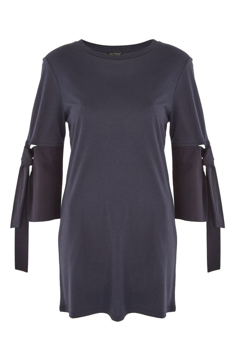 Topshop Tie Trumpet Sleeve Tunic, Alternate, color, Navy