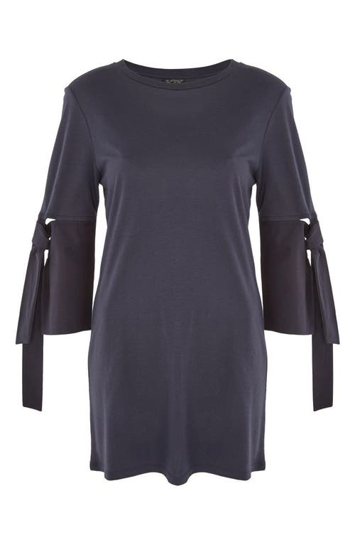 Topshop Tie Trumpet Sleeve Tunic In Blue