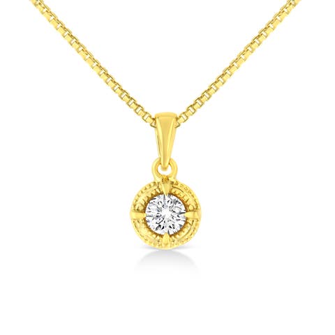 14K Yellow Gold Plated Silver 1/3 Cttw Diamond Solitaire Milgrain Pendant Necklace