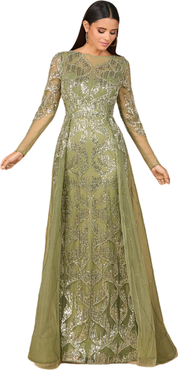 LARA New York Long Sleeve Gown with Overskirt & High Neck