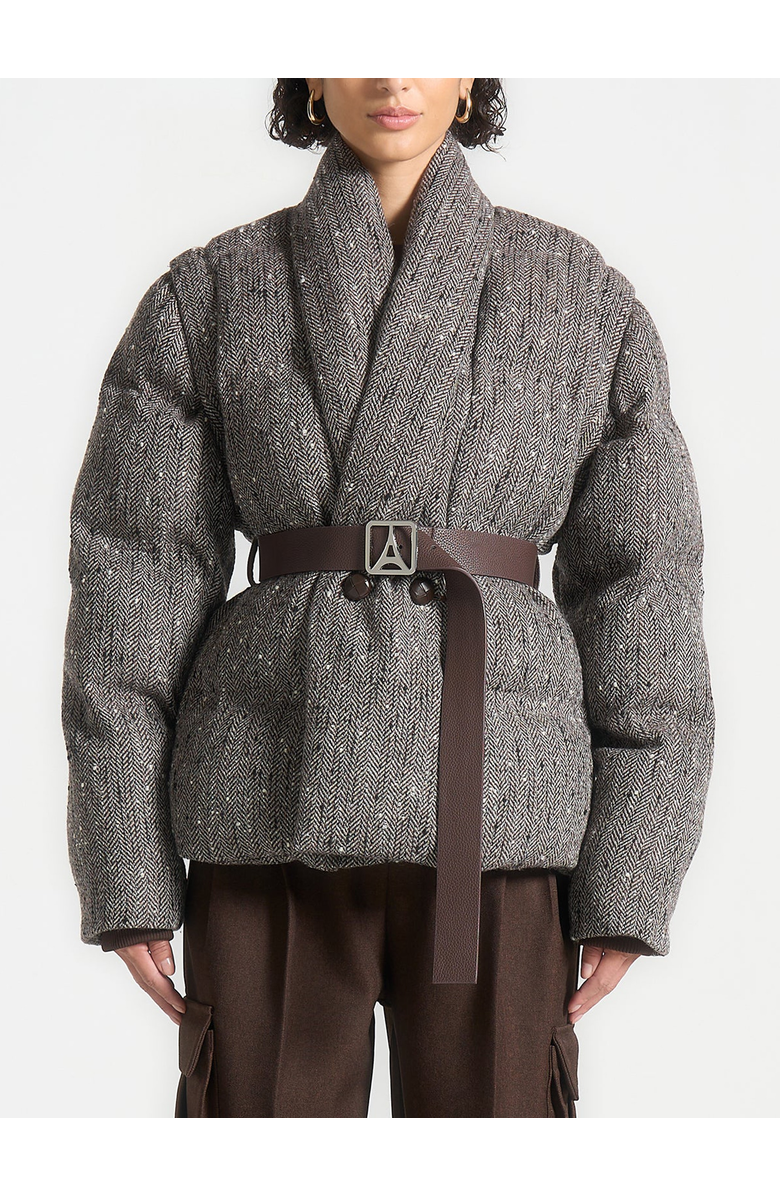 Manière De Voir Inez Herringbone Wool Wrap Belted Puffer Jacket, Alternate, color, Brown