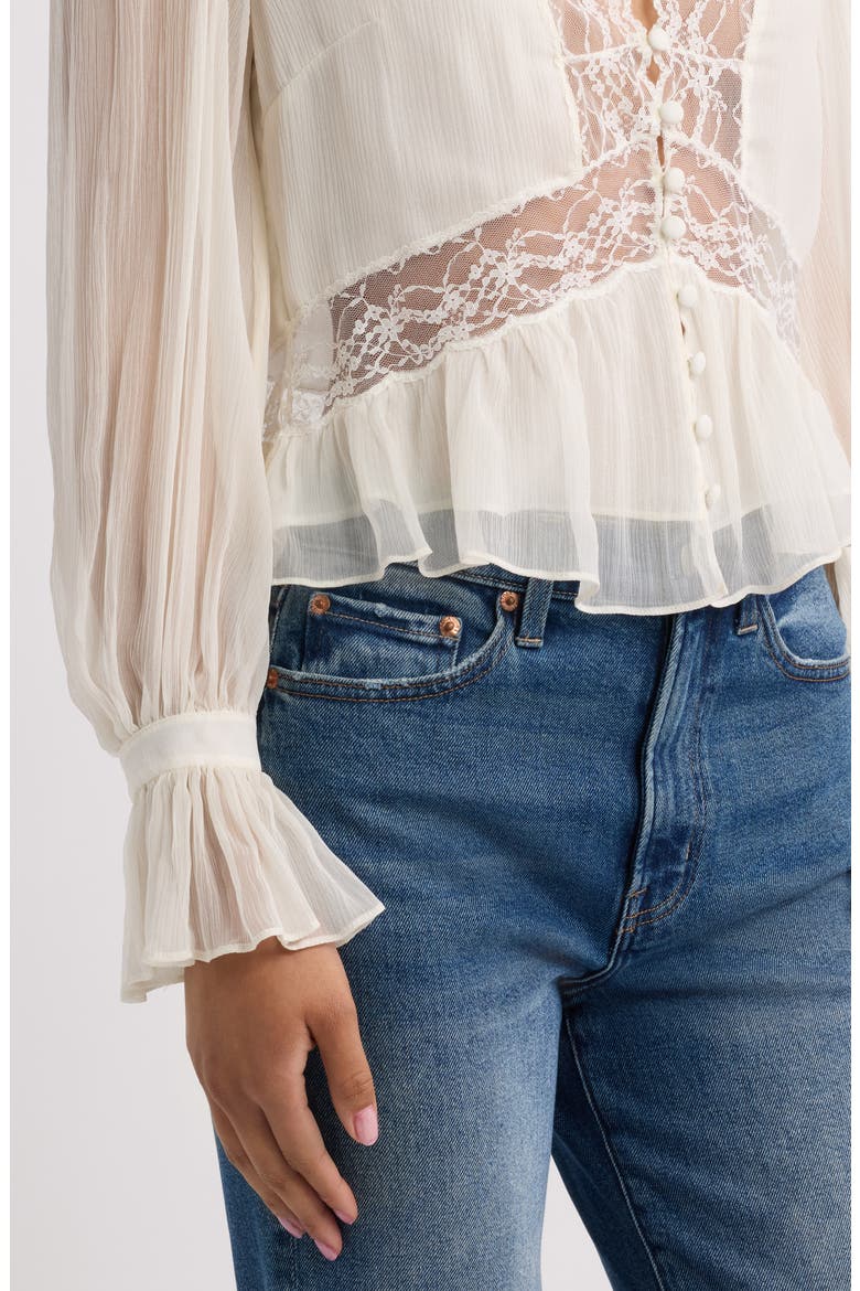 Thessira Lace Trim Ruffle Silk Top, Alternate, color, PALE STONE