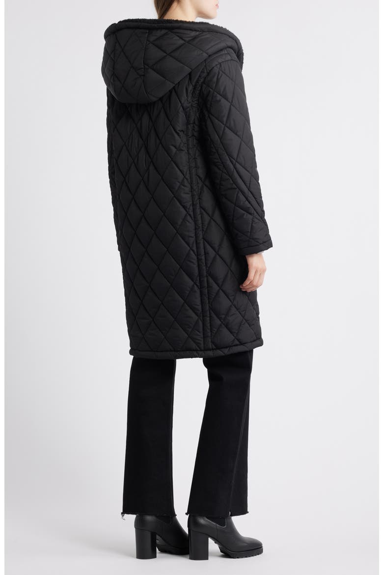 Faux Shearling Lined Quilted Hooded Coat, Alternate, color, BLACK
