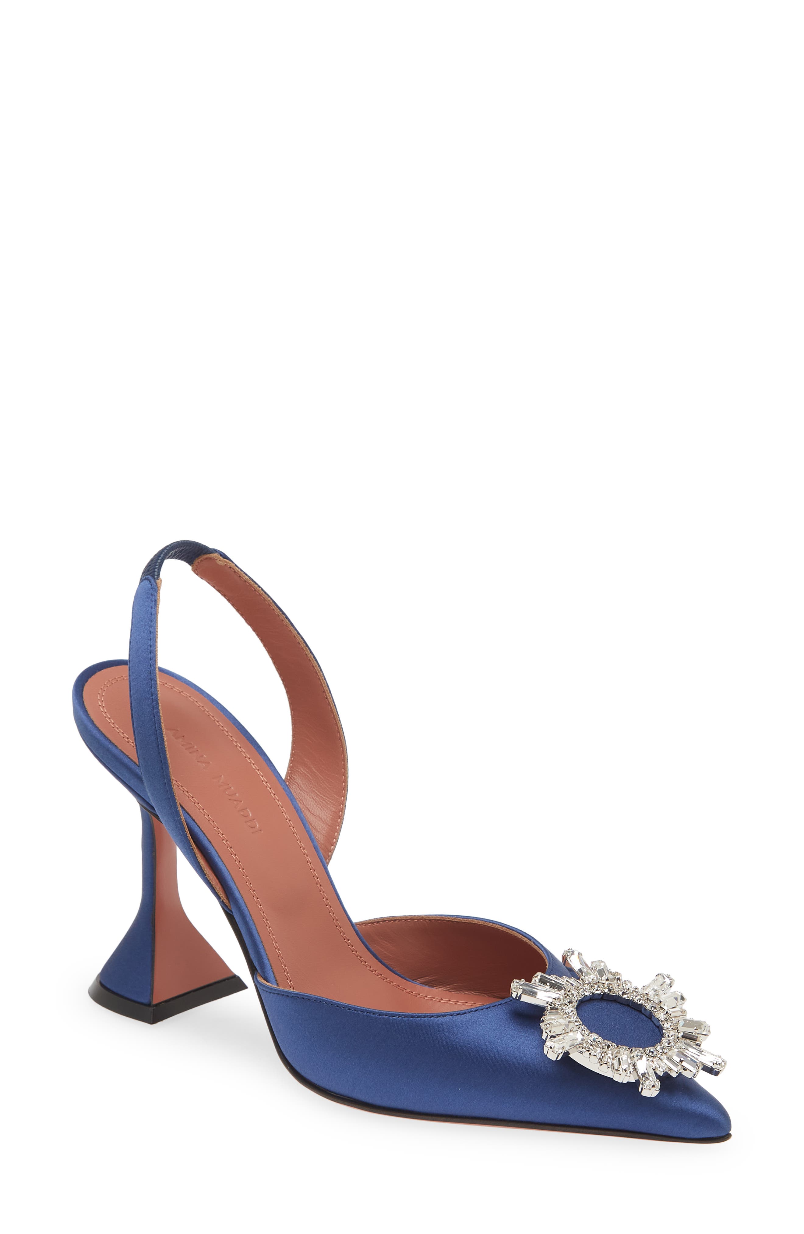 Amina Muaddi Begum Crystal Pointed Toe Slingback Pump, Main, color, Navy Blue