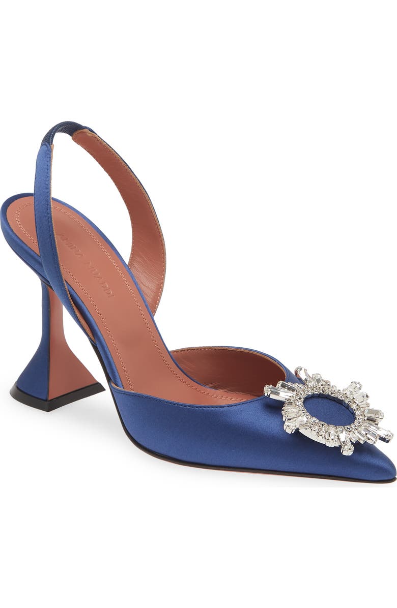 Amina Muaddi Begum Crystal Pointed Toe Slingback Pump, Main, color, Navy Blue