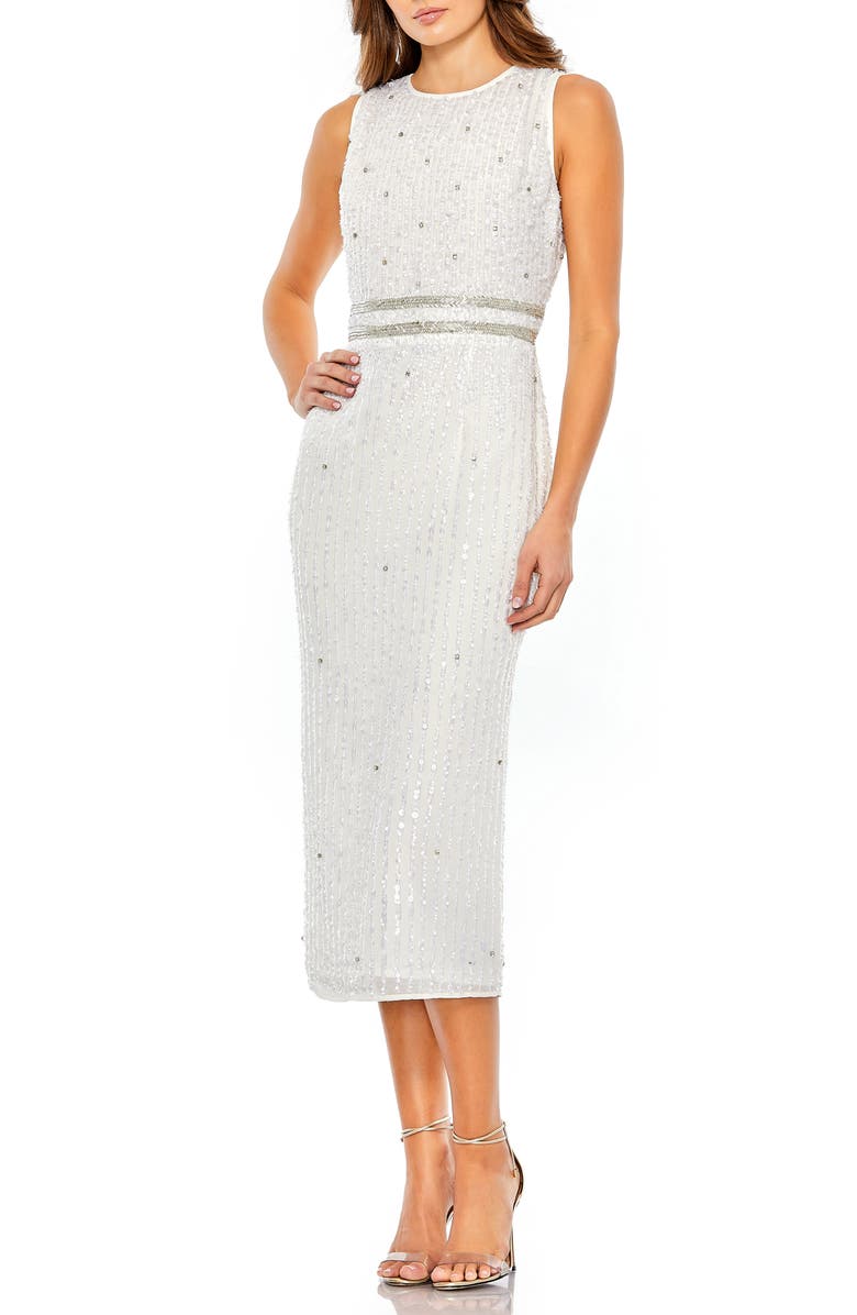 Mac Duggal Sleeveless High Neck Beaded Midi Sheath Dress, Main, color, White
