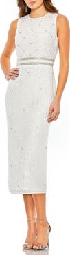 Mac Duggal Sleeveless High Neck Beaded Midi Sheath Dress