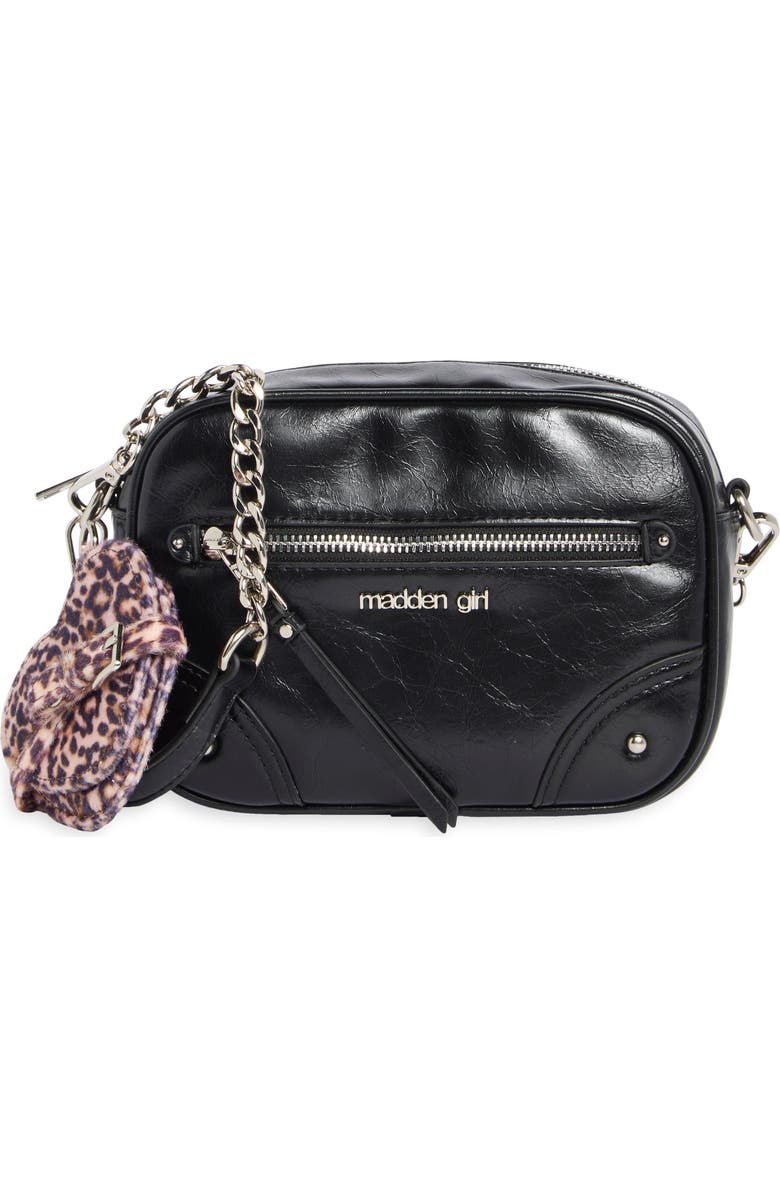 Madden Girl Crinkle Faux Leather Camera Crossbody Bag with Pouch, Main, color, Black