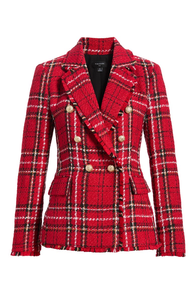 Plaid Fringe Trim Blazer, Alternate, color, LIPSTICK M