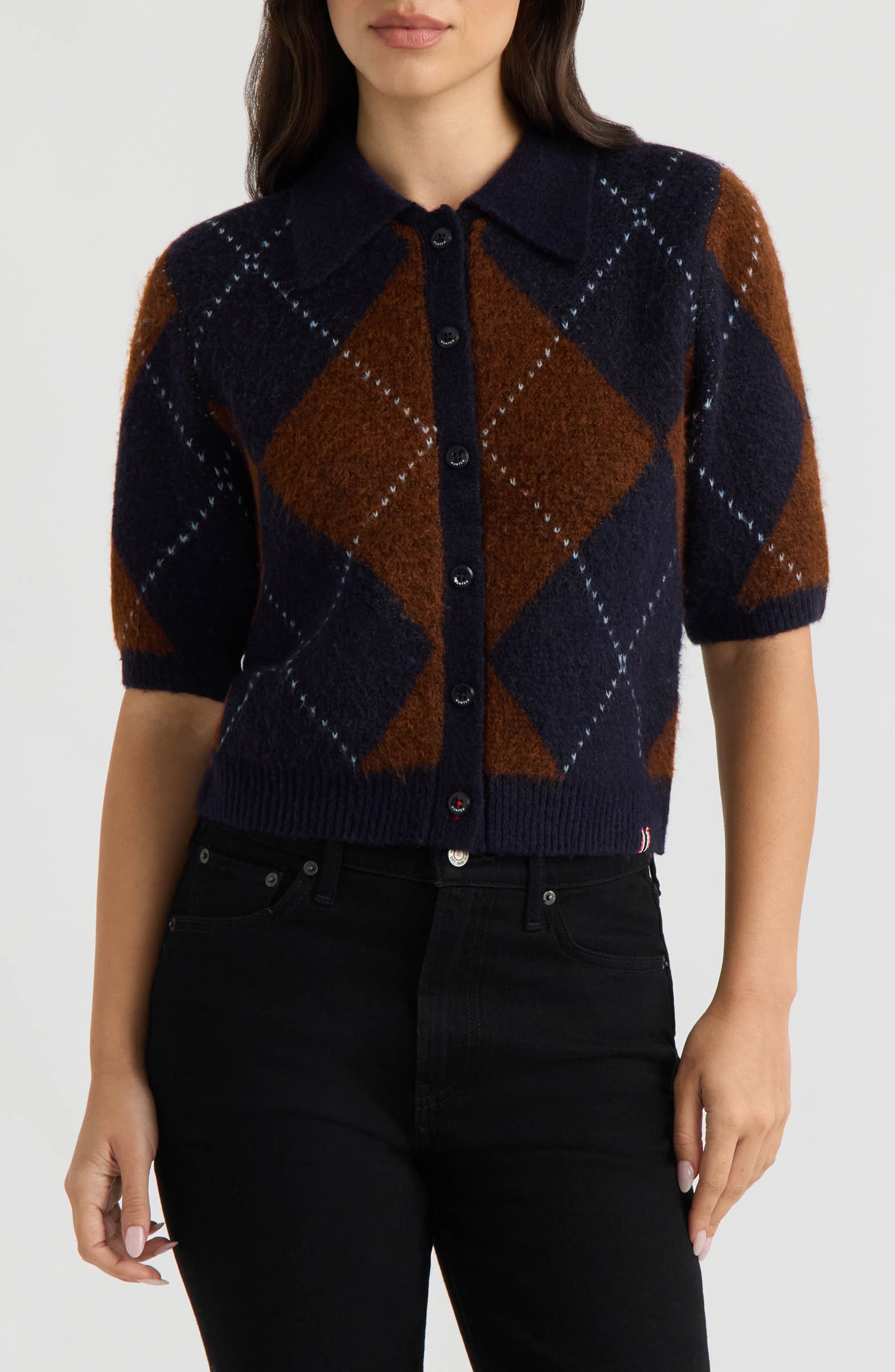 Short Sleeve Argyle Cardigan