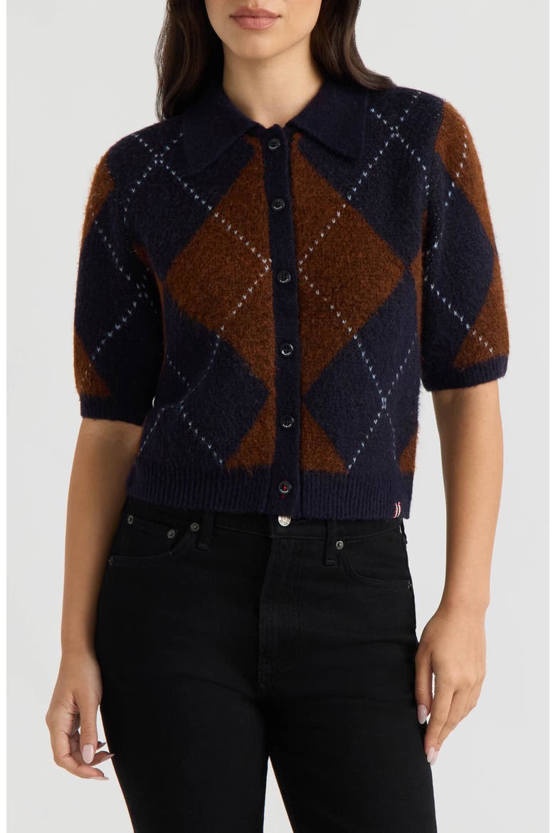 Short Sleeve Argyle Cardigan, Main, color, DARK NAVY/ COPPER ARGYLE