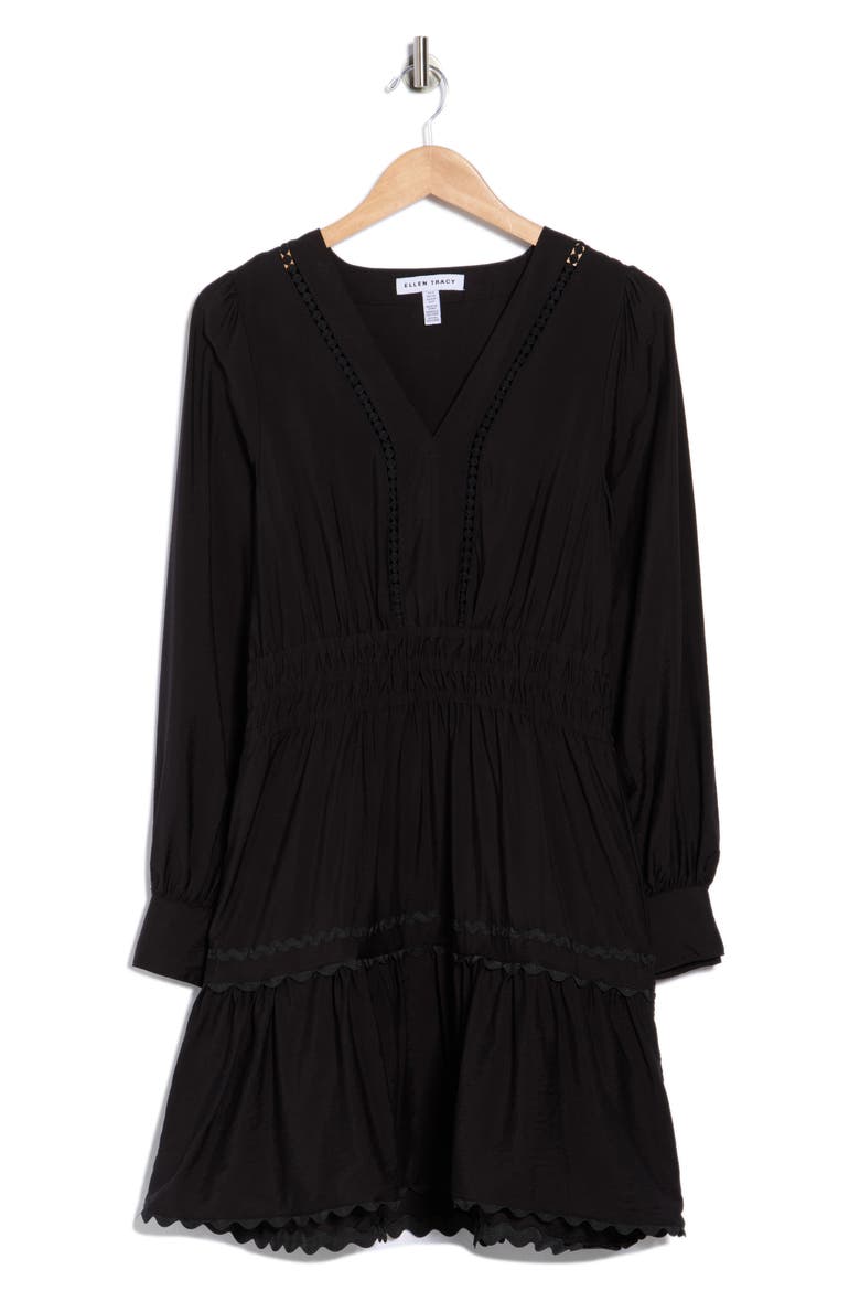 V-Neck Long Sleeve Crinkle Dress, Alternate, color, BLACK