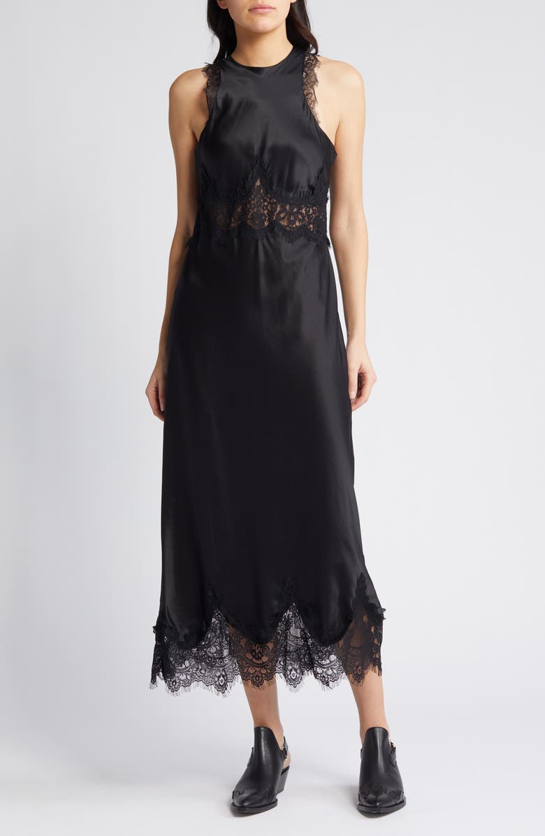 AllSaints Alula Lace Trim Satin Maxi Dress, Main, color,