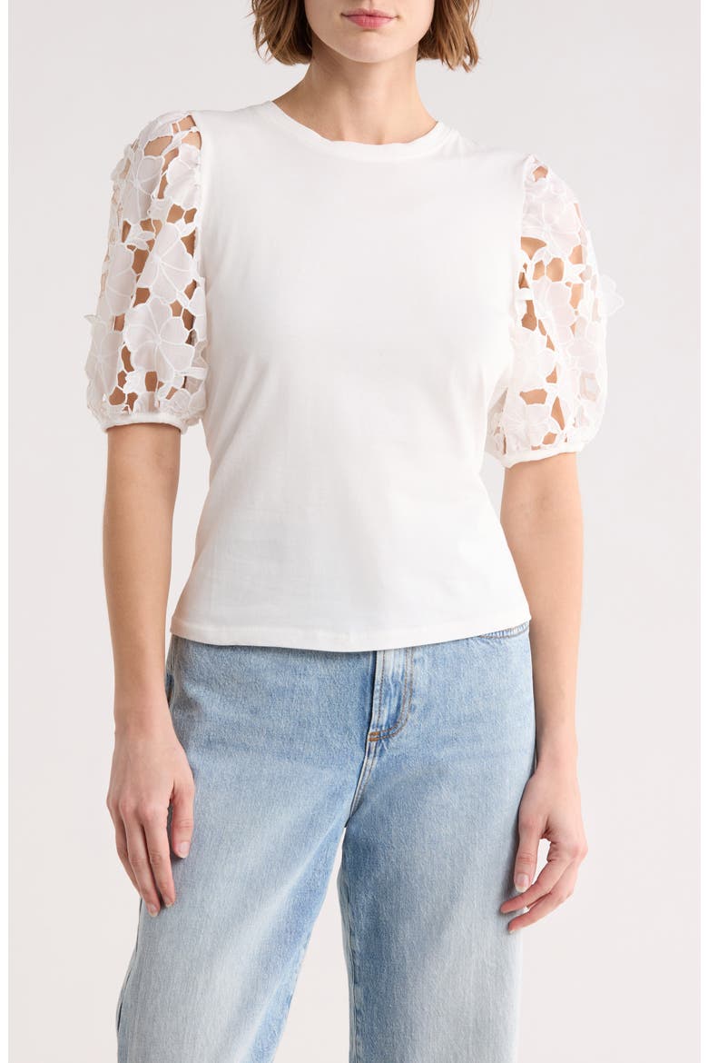 Mixed Media 3D Floral Sleeve Top, Main, color, WHITE