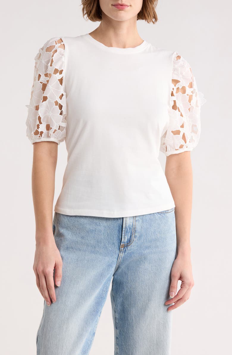 Ellen Tracy Mixed Media 3D Floral Sleeve Top, Main, color, White