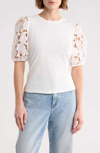 Ellen Tracy Mixed Media 3D Floral Sleeve Top