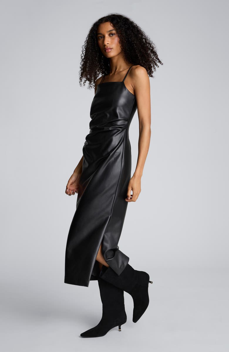 Kenneth Cole Side Pleat Faux Leather Midi Dress, Alternate, color, Black
