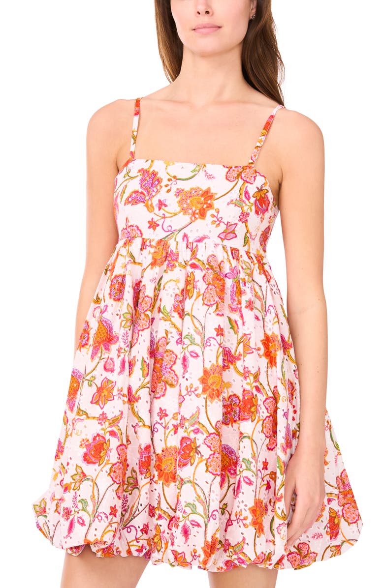 CeCe Floral Bubble Hem Cotton Minidress, Alternate, color, Ultra White