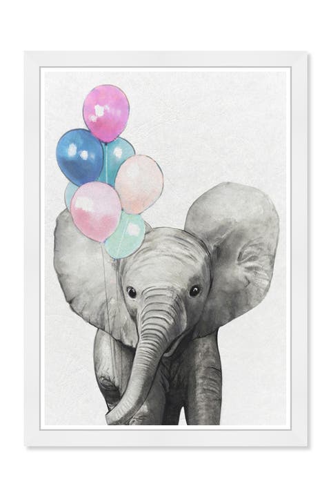 Baby Elephant with Balloons Colorful Gray Animals Wall Art